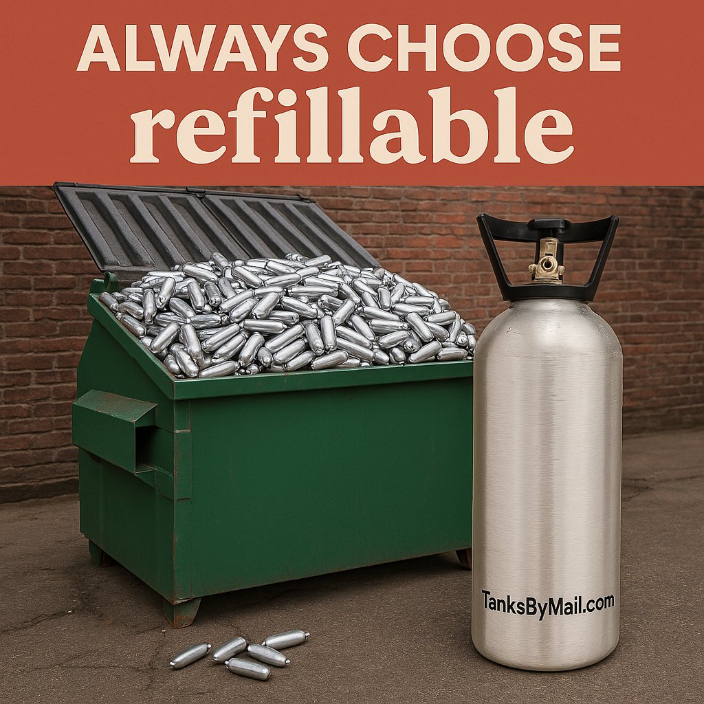 tanksbymail's tweet photo. Avoid the waste, always choose refillable.

One twenty pound Nitrous tank stops 1160 whip cream chargers from ending up in a landfill.

One of our many sizes available on our website
https://t.co/lQug6Qc9Br https://t.co/jet3ckTOan