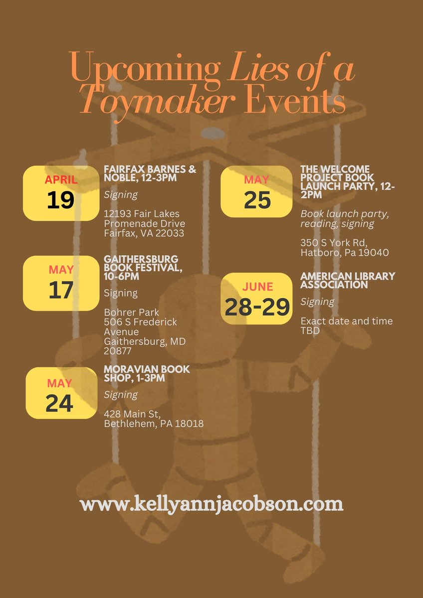 Catch <a href="/KAnnJacobson/">Kelly Ann Jacobson</a> on tour and pick up a copy. 
4/19: Barnes &amp; Noble, Fairfax, VA
5/17: Gaithersburg Book Festival, Gaithersburg, MD
5/24: Moravian Book Shop, Bethleham, PA
5/25: The Welcome Project, Hatboro, PA
6/28-29: American Library Association Annual Meeting