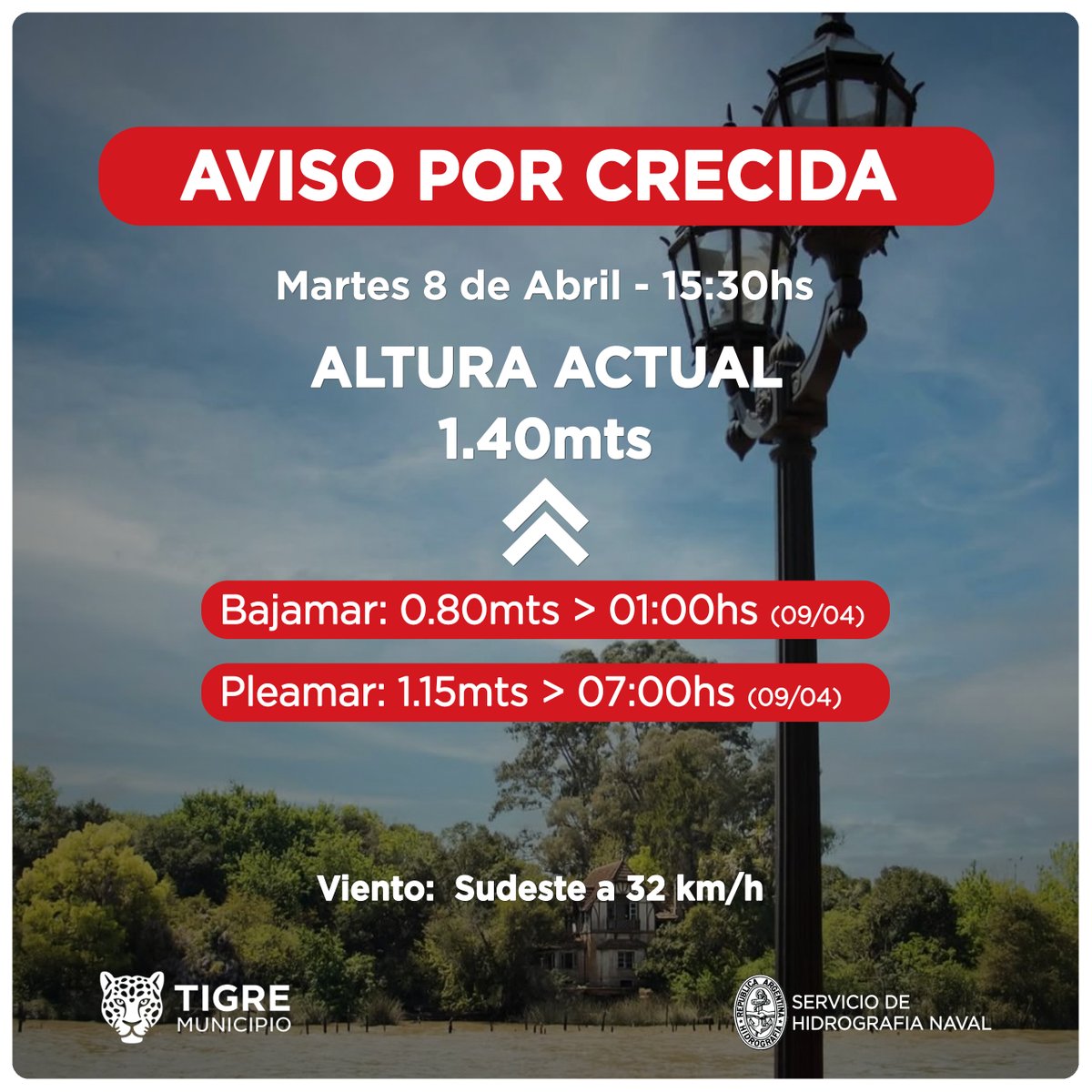AlertaTigre's tweet photo. Servicio de Hidrografía Naval informa: AVISO POR CRECIDA DEL RÍO en @MunicipioTigre
Emergencias:
☎️ 103
☎️ 5288-3411
#DCTigre #COT https://t.co/5xosuA0w8s