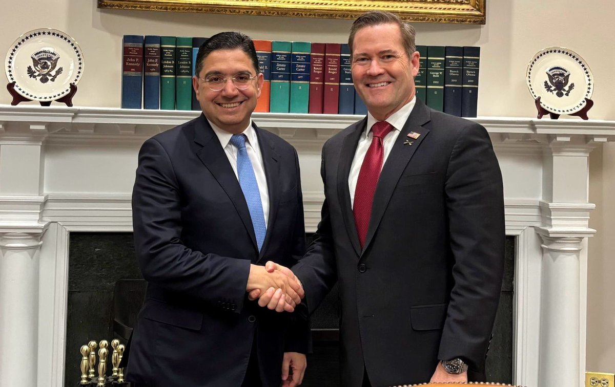 Marocdiplo_EN's tweet photo. MFA Nasser Bourita held talks, in Washington, with Mr. Mike Waltz, the National Security Advisor to the President of the United States of America 

This meeting focused on the multidimensional strategic partnership between 🇲🇦 and 🇺🇸, as well as regional issues of common interest https://t.co/j7ItniCPAn
