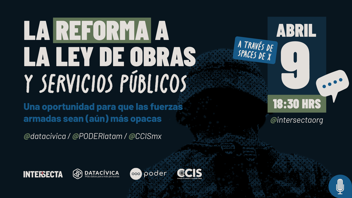 intersectaorg's tweet photo. Entre los cambios que propone la reforma a la Ley de Obras Públicas está que las fuerzas armadas no rindan las mismas cuentas que otras instituciones. Analicemos por qué esto es preocupante.
⏰ 09/04, 18:30 hrs
🔗https://t.co/sCqff1HGG6
📢Con @datacivica, @CCISmx y @PODERlatam https://t.co/qTQrawJnZz