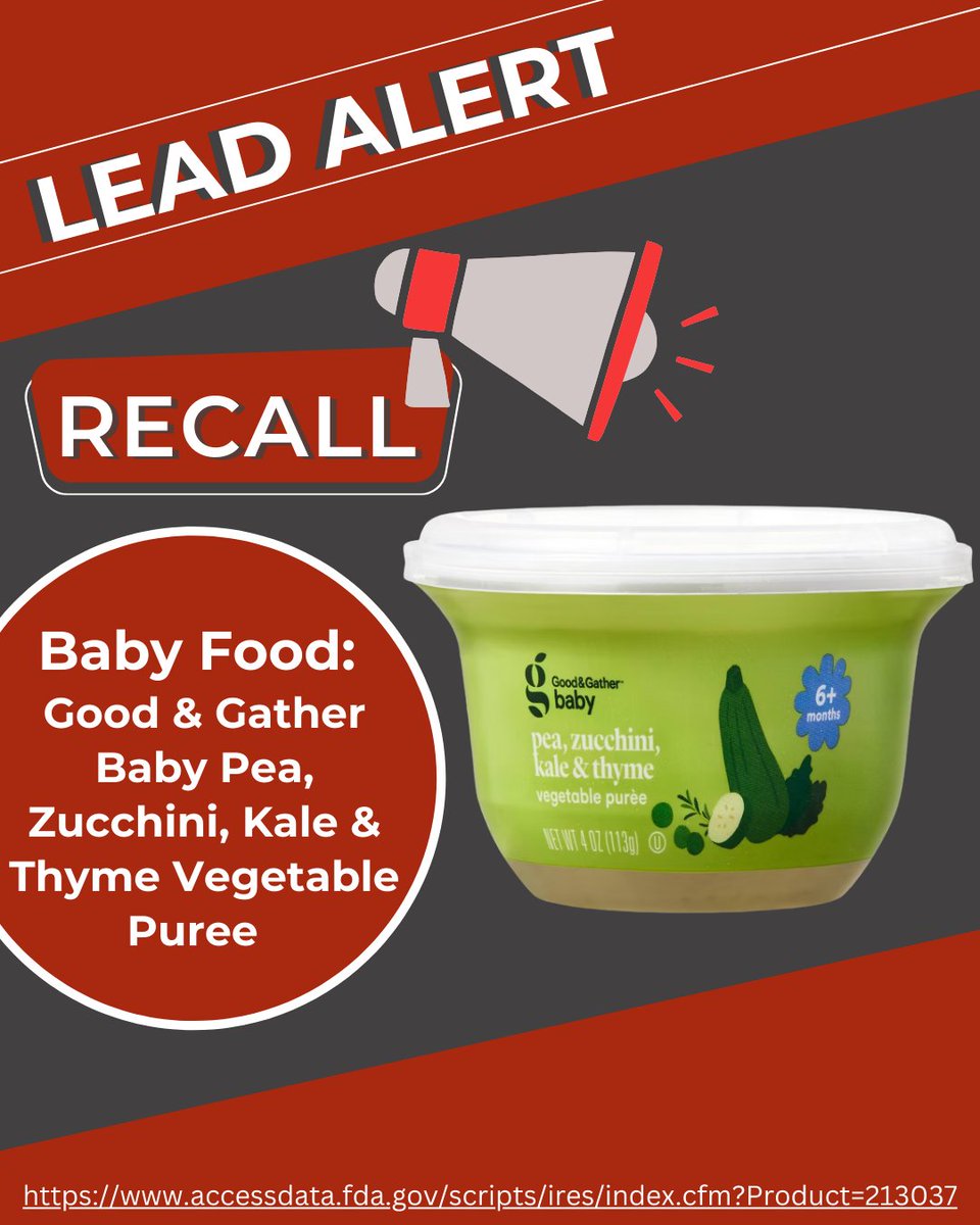 UCDeptHealth's tweet photo. Good &amp; Gather, a brand distributed by Target Corporation, has voluntarily recalled its baby food product due to elevated lead levels. UPC: 1 91907-99314 1 Batches:
Lot 4169 (Best Before Dec 09, 2025)
Lot 4167 (Best Before Dec 07, 2025)
https://t.co/KPlKniN84O
#Lead #BabyFood https://t.co/OX6vQDHZH8