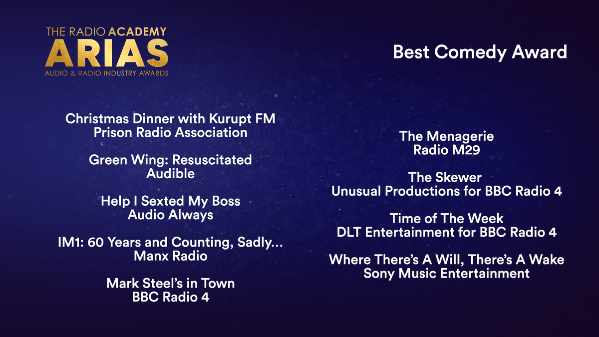 audioacademyuk's tweet photo. Ladies and gentlemen, presenting your Best Comedy Award nominees! @PrisonRadioUK, @audible, @audioalways, @manxradio, @bbcradio4, @radiom29, @UnusualProds, @sonymusic https://t.co/HP4w6XjSGc