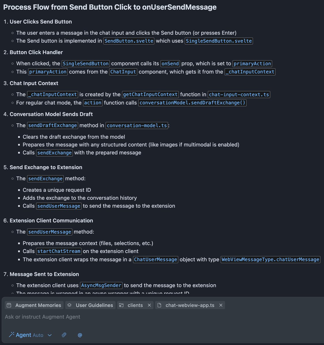 Daunting task of the day: Add a feature to our frontend, which I'm not familiar with. Augment's Agent can answer deep questions like "explain what happens after the user clicks Send" and help me cut through the complexity. <a href="/augmentcode/">Augment Code</a> ftw