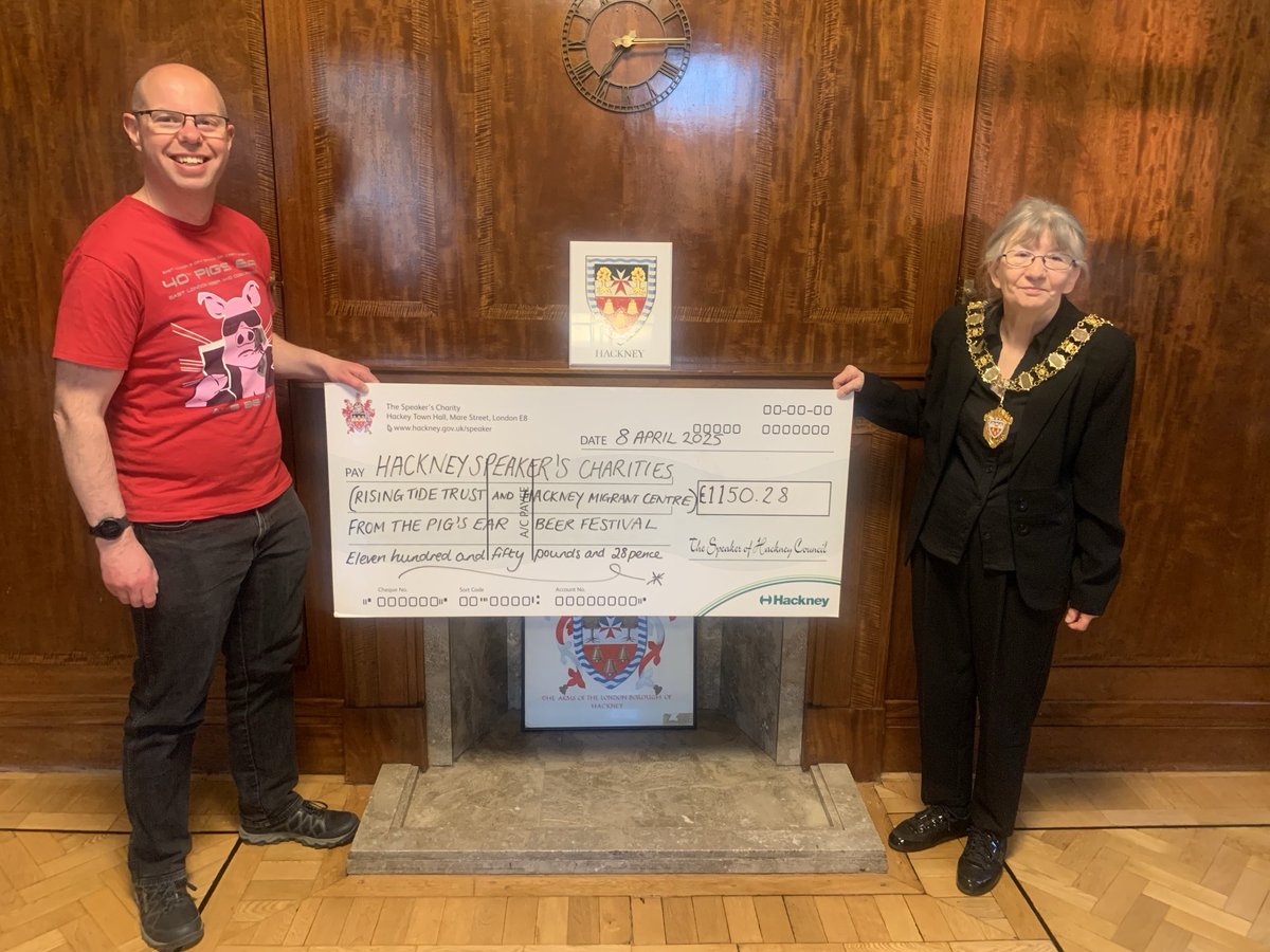 Thanks to the ⁦<a href="/pigsearcamra/">East London and City</a>⁩ for raising £1150.28 at the 2024 Pig’s Ear Beer Festival in Hackney for Hackney Speaker’s charities ⁦<a href="/risingtidetrust/">Rising Tide Trust</a>⁩ ⁦<a href="/HackneyMigrants/">Hackney Migrant Centre</a> ⁦<a href="/hackneycouncil/">Hackney Council</a>⁩ 🙌🙏🏻😃⭐️🏆