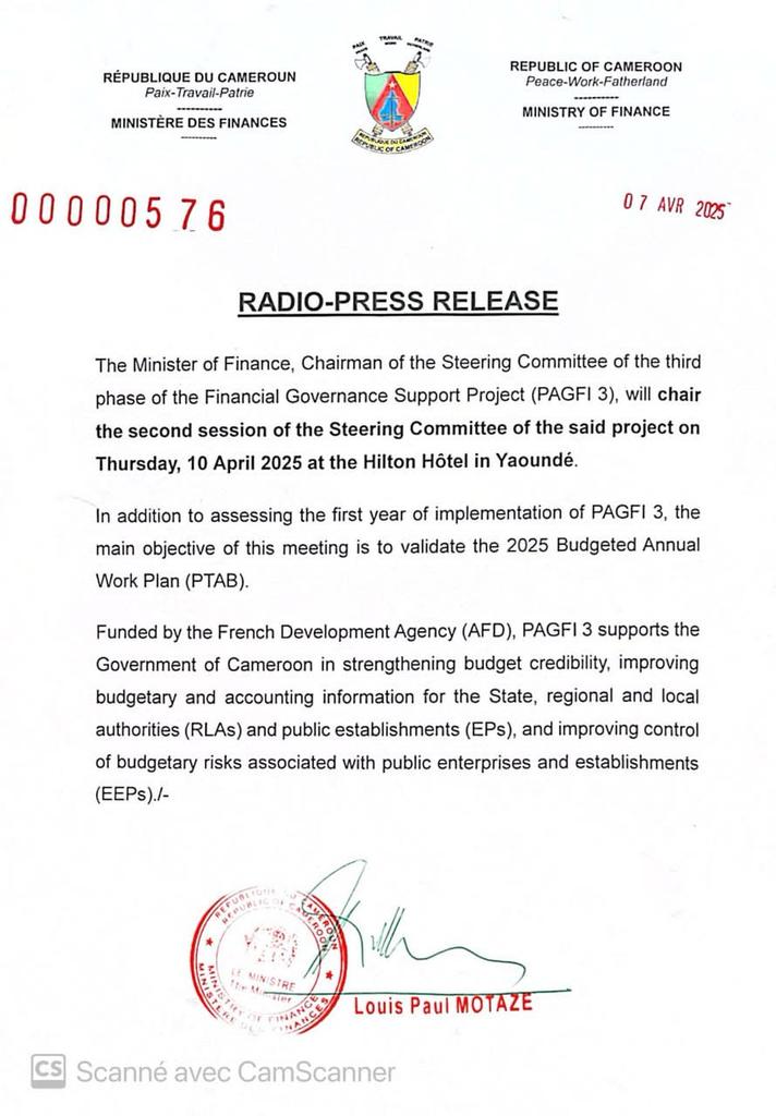 minfi_cameroun's tweet image. PAGFI 3 : COMMUNIQUE DU MINISTRE DES FINANCES

Le Ministre des Finances, Président du Comité de pilotage de la 3ème phase du Projet d’Appui à la Gouvernance Financière, présidera le jeudi, 10 Avril 2025 à l’hôtel Hilton de Yaoundé, la deuxième session du Comité de pilotage.