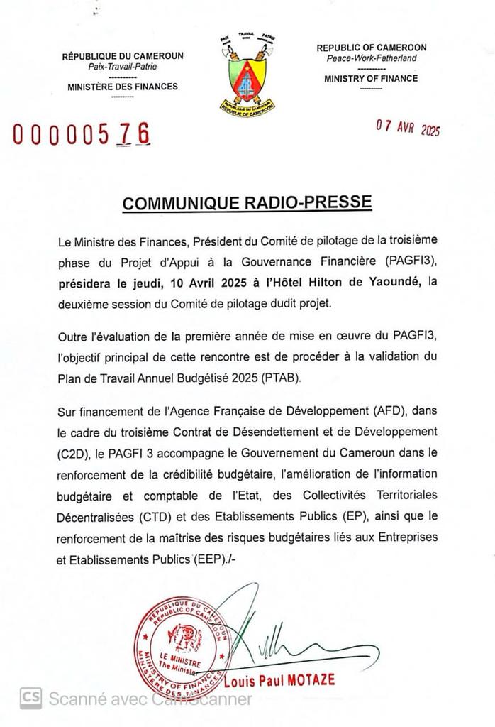 minfi_cameroun's tweet image. PAGFI 3 : COMMUNIQUE DU MINISTRE DES FINANCES

Le Ministre des Finances, Président du Comité de pilotage de la 3ème phase du Projet d’Appui à la Gouvernance Financière, présidera le jeudi, 10 Avril 2025 à l’hôtel Hilton de Yaoundé, la deuxième session du Comité de pilotage.