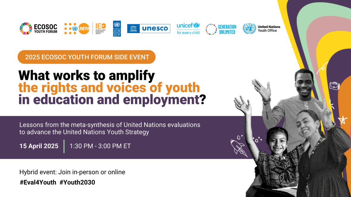 UNICEF Evaluation (@unicefeval) on Twitter photo π£Calling allπ£
β
Youth advocates
β
Youth programmers
β
Decision-makers
Join the report launchβWhat works to amplify the rights & voices of youth in education & employment? Lessons to advance #Youth2030
ποΈ15 April, π1:30 PM ET
Registerπus06web.zoom.us/webinar/registβ¦ π
#Eval4Youth π£Calling allπ£
β
Youth advocates
β
Youth programmers
β
Decision-makers
Join the report launchβWhat works to amplify the rights & voices of youth in education & employment? Lessons to advance #Youth2030
ποΈ15 April, π1:30 PM ET
Registerπus06web.zoom.us/webinar/registβ¦ π
#Eval4Youth