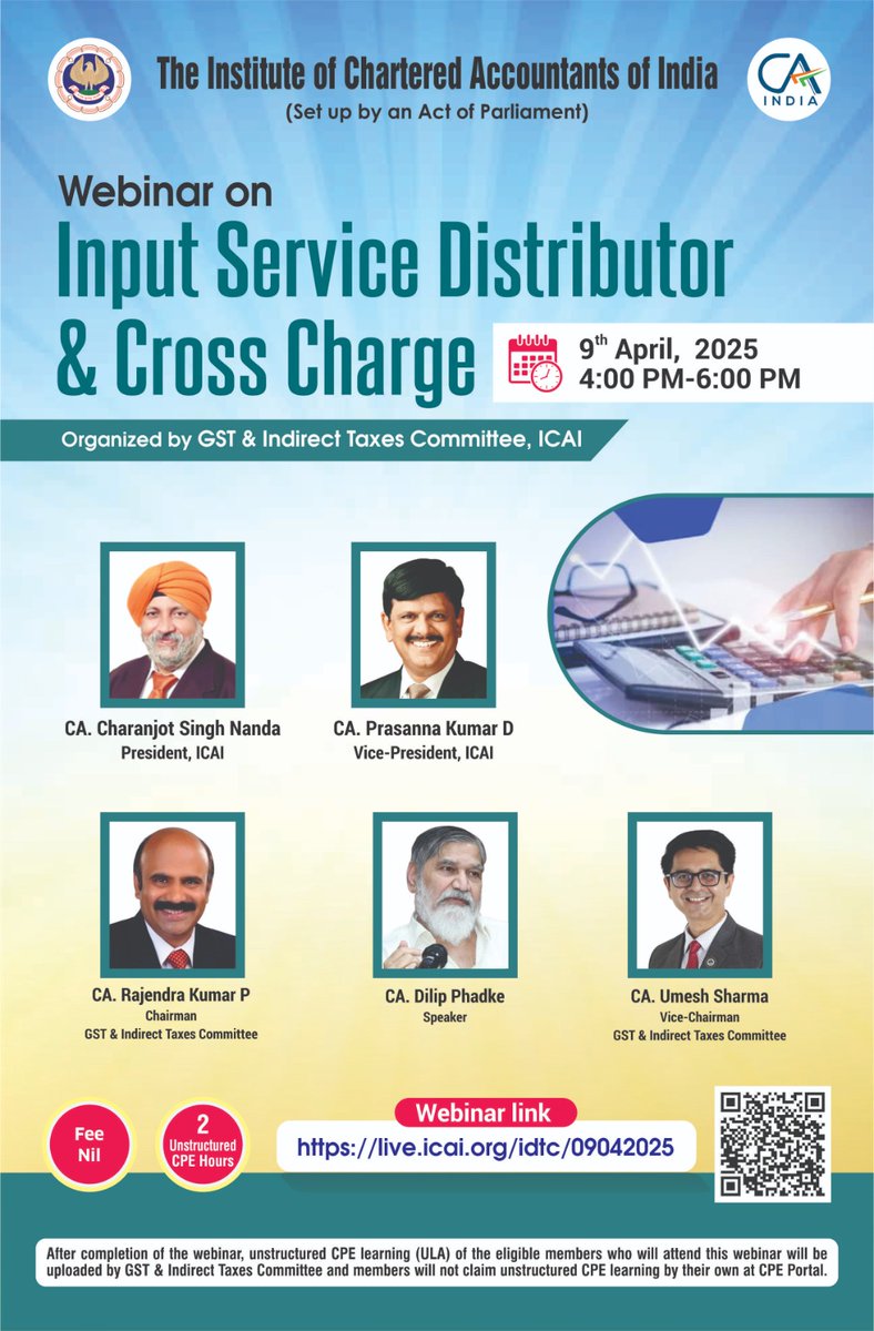 Webinar on Input Service Distributor &amp; Cross Charge

live.icai.org/idtc/09042025

On April 9, 2025, 4 PM to 6 PM
<a href="/theicai/">Institute of Chartered Accountants of India - ICAI</a> <a href="/gstidtcicai/">GST & Indirect Taxes Committee of ICAI</a>