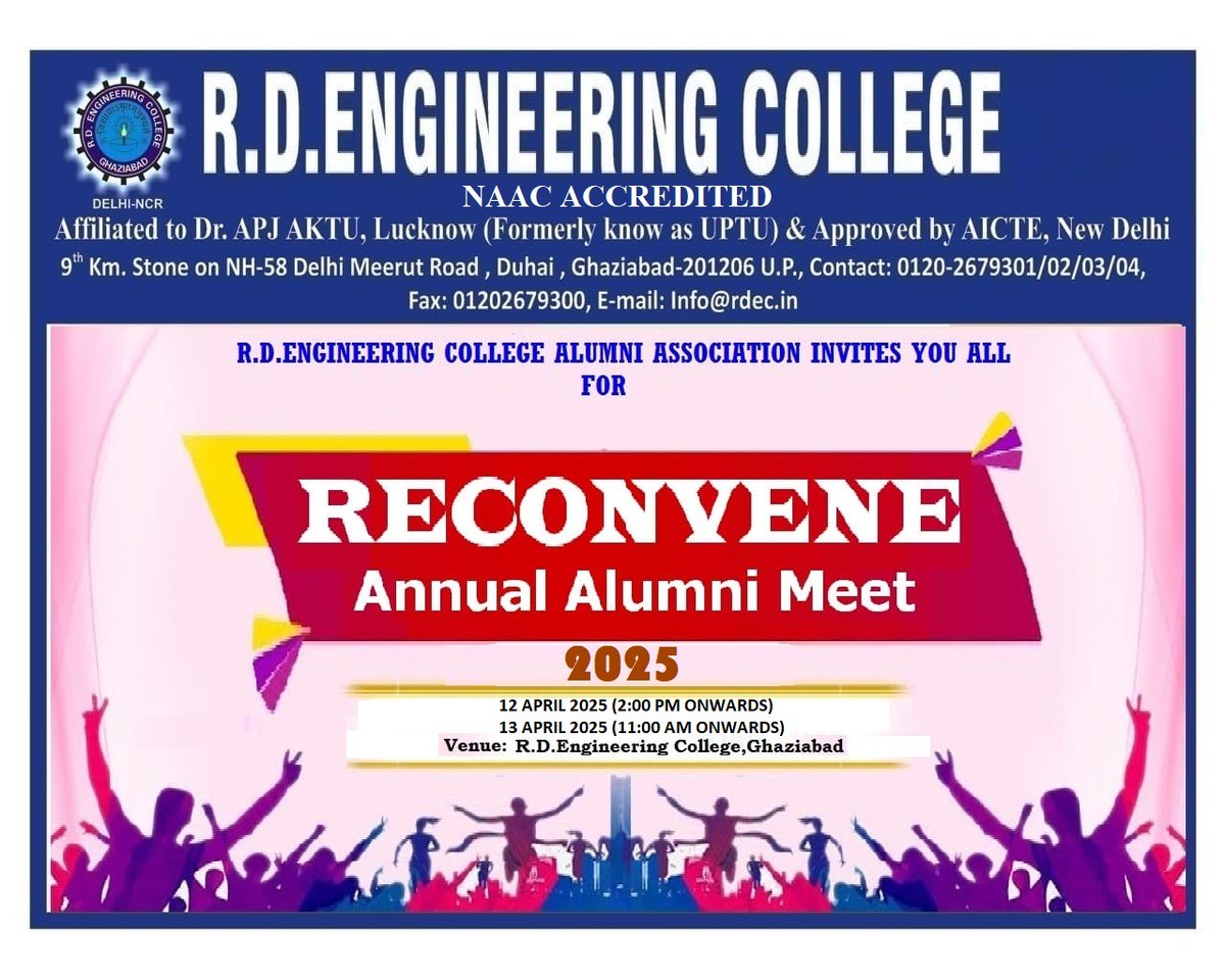 RDEC_231's tweet photo. We hope this message finds you in great health and high spirits. It is with immense pleasure and excitement that we invite you to the Annual Alumni Meet &amp; Annual Fest 2025 at R.D. Engineering College on April 12 &amp; 13, 2025.
👉 Register Here - https://t.co/l7wdj0fkGs https://t.co/T3MMs3VCJE