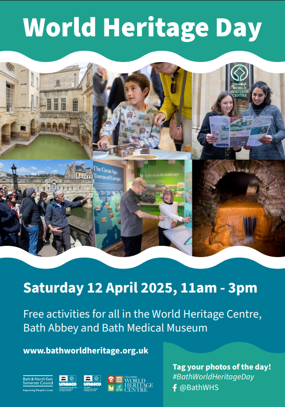 Join us on World Heritage Day for a 50 minute tour around Bath's Spa Quarter. This includes the normally closed Abbey plant room to see its innovative eco-heating system that the springs power. Find us at the Bath World Heritage Centre #bathworldheritageday