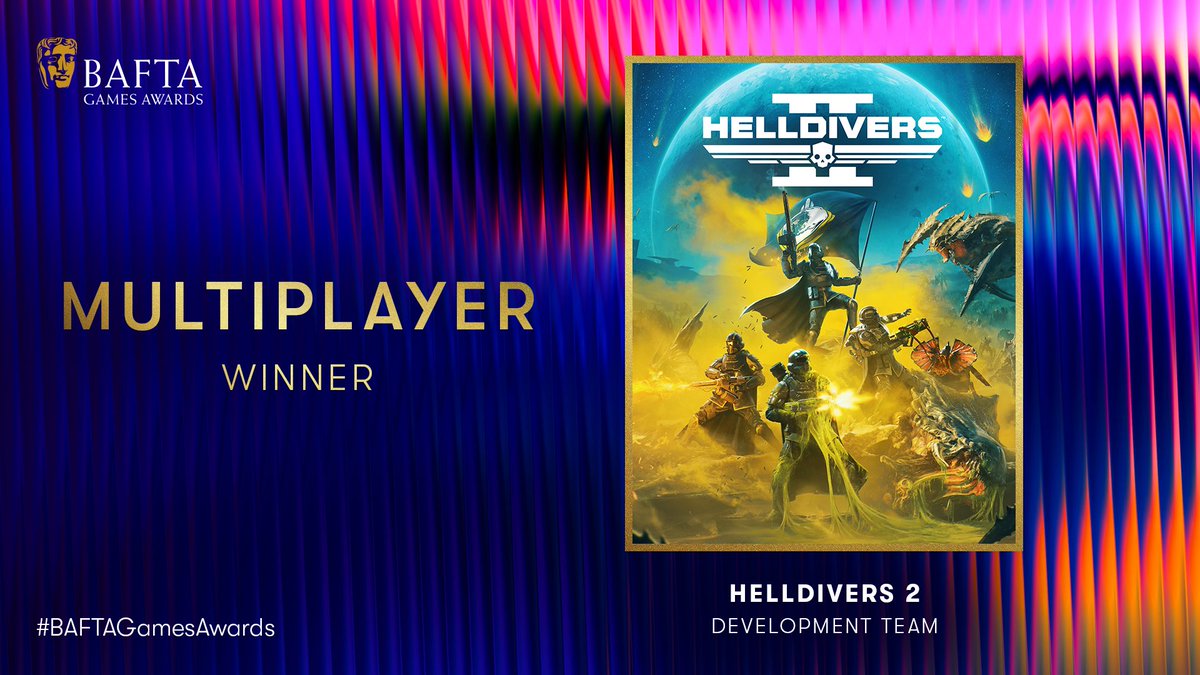 BAFTA Games (@baftagames) on Twitter photo Next up the award for Multiplayer goes to Helldivers 2 ✨ ✨ ✨ #BAFTAGamesAwards Next up the award for Multiplayer goes to Helldivers 2 ✨ ✨ ✨ #BAFTAGamesAwards
