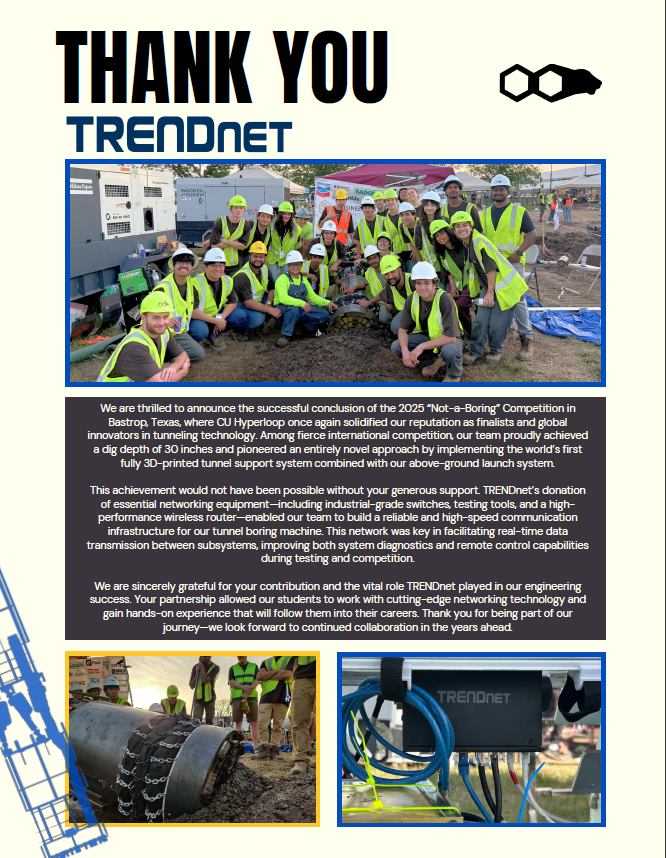 TRENDnet's tweet image. We’re proud to have supported the CU Hyperloop team again in the 2025 “Not-a-Boring”Competition! Their pioneering work was powered in part by TRENDnet networking gear. We're honored to be part of their groundbreaking journey! #hyperloop #networkingsolutions #notaboringcompetition