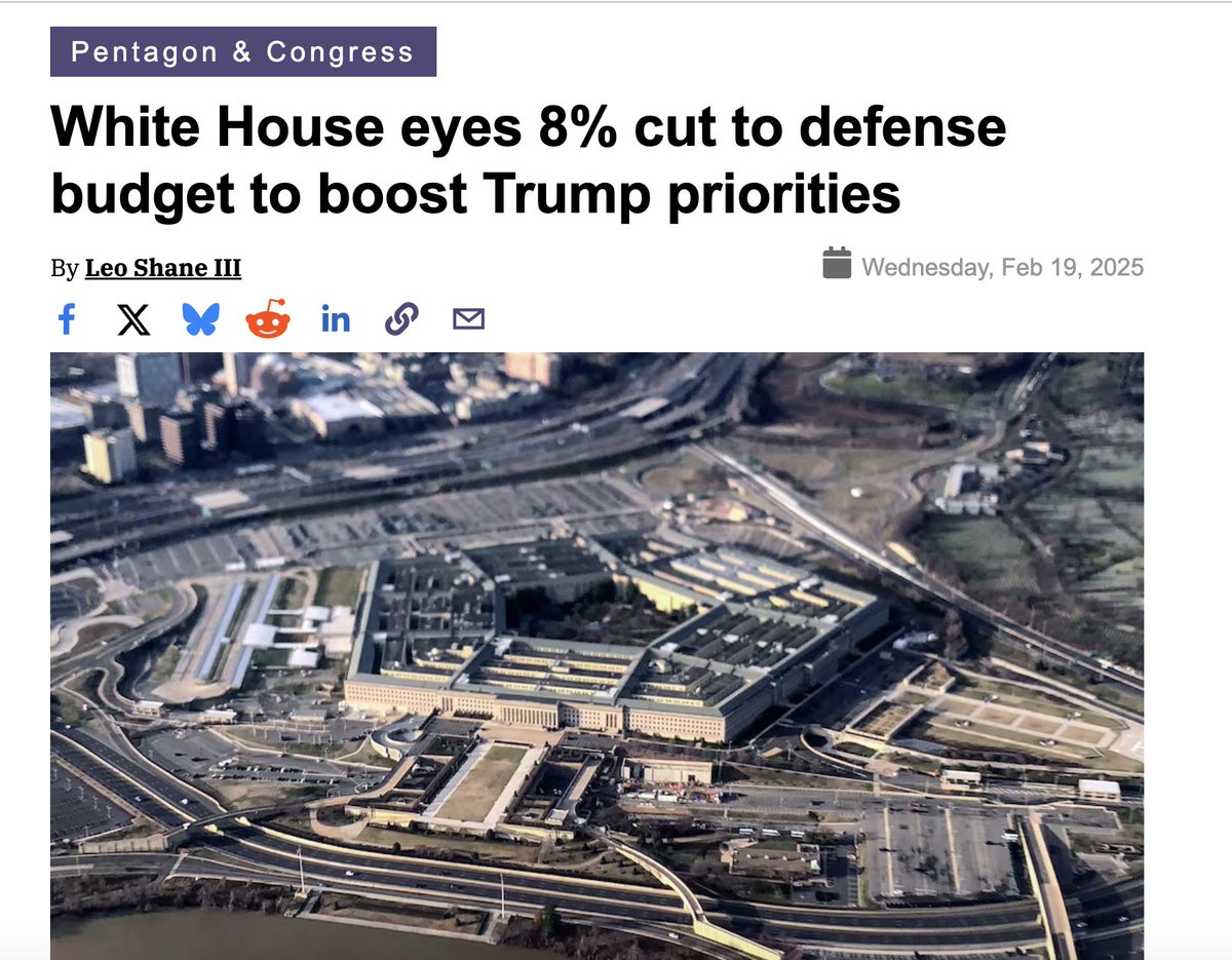 ggreenwald's tweet photo. Trump, Feb. 19, 2025: We're cutting the Pentagon budget by 8%!

Trump, yesterday, during his WH meeting with Netanyahu: we're so excited we're increasing military spending by $150 billion to create the first-ever trillion-dollar annual Pentagon budget! https://t.co/UTjLGMZwxP