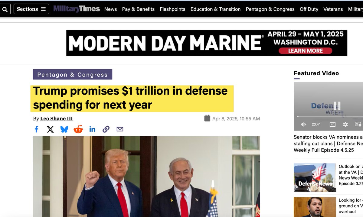 ggreenwald's tweet photo. Trump, Feb. 19, 2025: We're cutting the Pentagon budget by 8%!

Trump, yesterday, during his WH meeting with Netanyahu: we're so excited we're increasing military spending by $150 billion to create the first-ever trillion-dollar annual Pentagon budget! https://t.co/UTjLGMZwxP