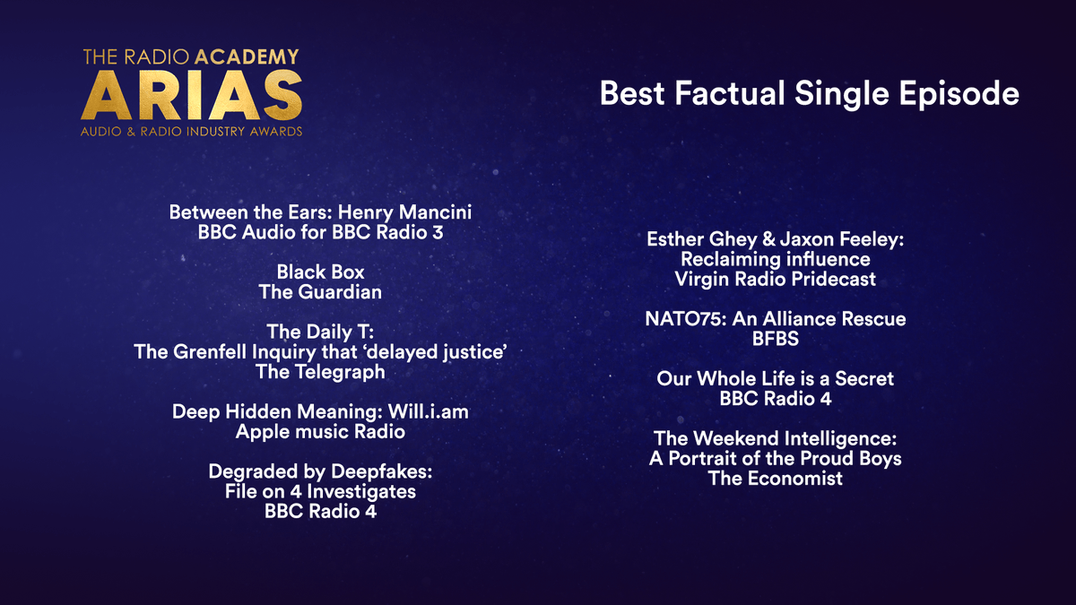 audioacademyuk's tweet photo. Here are your Best Factual Single Episode Award nominees, including @bbcradio3, @theguardian, @telegraph, @applemusic, @bbcradio4, @virginradiouk, @bfbsSitrep, @theeconomist https://t.co/8EUK9pVltA
