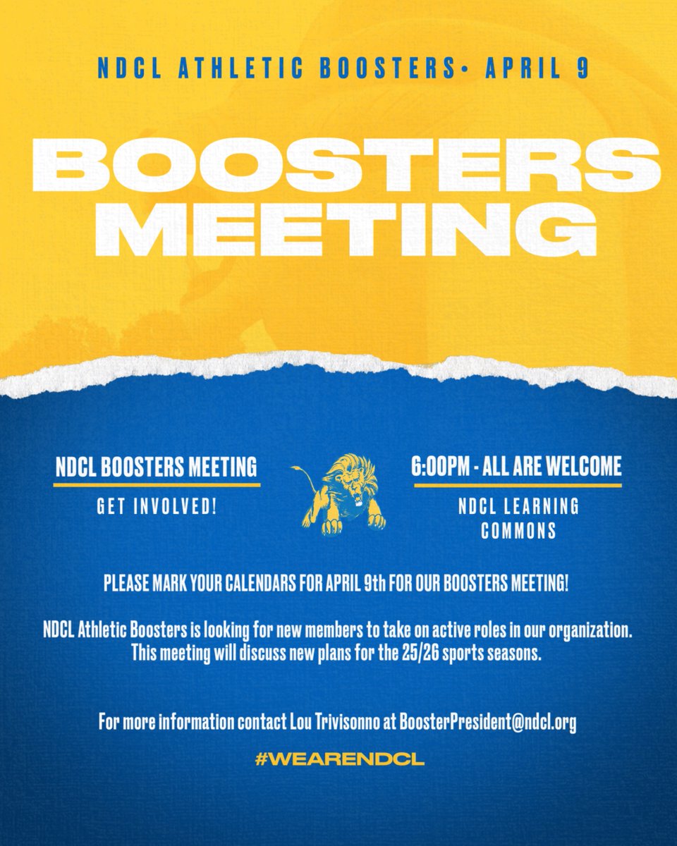 There will be a Boosters Meeting tomorrow, Wednesday, April 9th, in the NDCL Learning Commons at 6:00 PM. This meeting is for all current, new, and aspiring athletic booster members/parents. Go Lions!

#WeAreNDCL