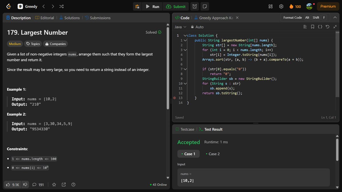 ✨ Day 72 of LeetCode: "Largest Number" - Medium | Greedy + Custom Sort ✨
Today’s challenge was all about forming the largest number possible from a list of non-negative integers. 💡
#100DaysOfCode #LeetCode #ProblemSolving #GreedyAlgorithm #CodingJourney #SoftwareEngineering