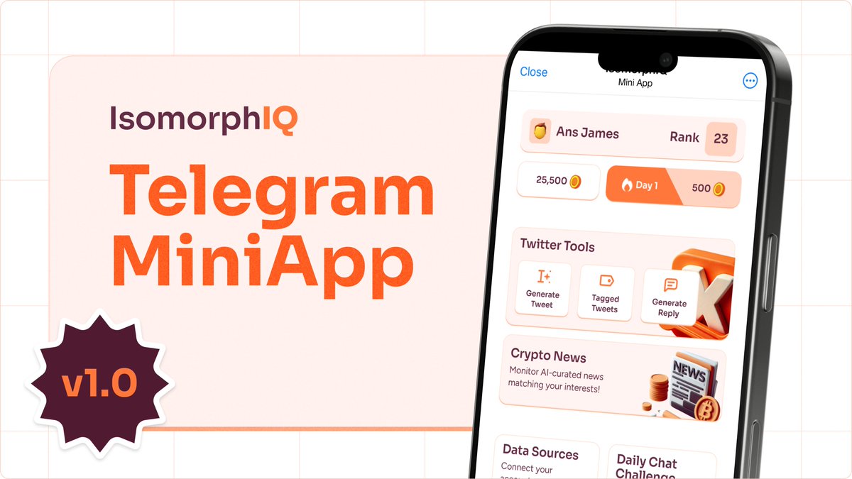 IsomorphIQ_AI's tweet image. IsomorphIQ’s Mini-App is live! 🎉
Check out our latest blog for a quick dive into the miniapp&apos;s features. Explore live AI Agents, play the in-app game, and climb the global leaderboard. 

Read more below:
isomorphiq.com/blog/isomorphi…