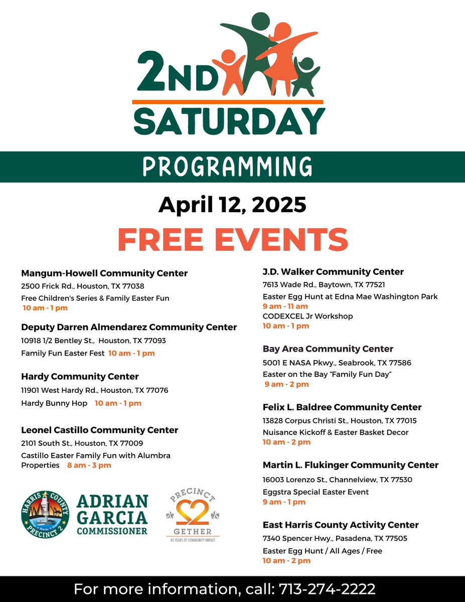 Second Saturdays are coming up!
🗓️ April 12
🎉 Free family events across Precinct 2: Egg hunts, workshops, &amp; more!
📍See flyer for details
📞 713-274-2222
#Precinct2 #EasterFun #CommunityEvents