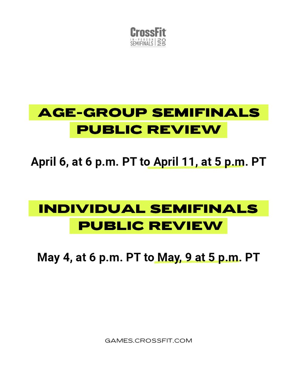 The public review process for all In-Affiliate Age-Group Semifinals workout video submissions is live!

The public review will last until 5 p.m. PT, Friday, April 11.

For more information about reviewing video submissions, visit the link in our bio or the CrossFit Games website.