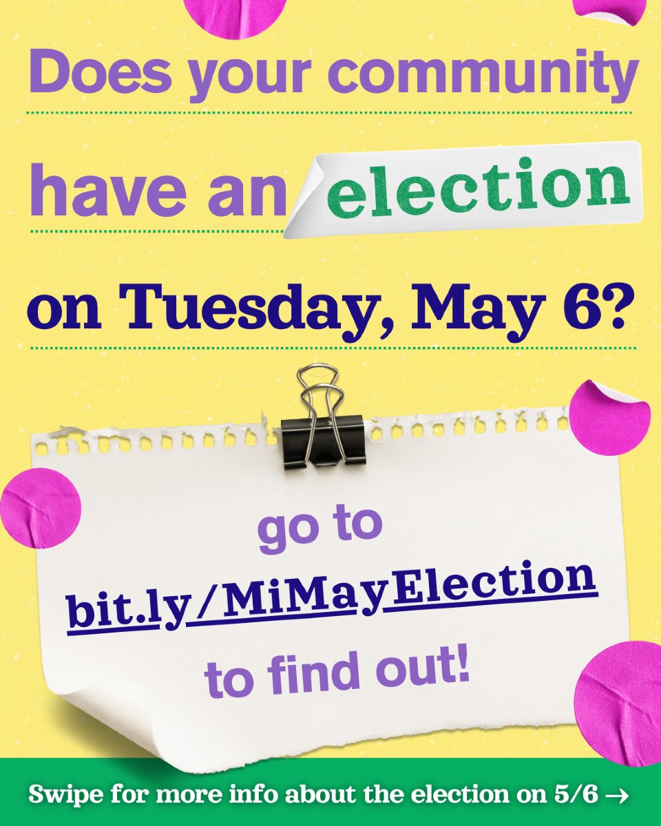 MImegaphone's tweet photo. Find out if your community has an election on May 6! 🗳️

#michiganvoting #election #localelection #vote #michigander #michigan https://t.co/fwui9yYNYl