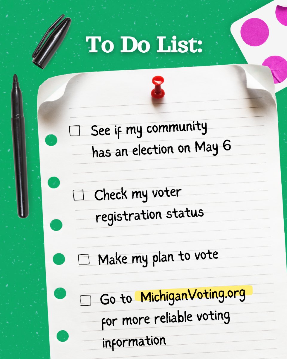 MImegaphone's tweet photo. Find out if your community has an election on May 6! 🗳️

#michiganvoting #election #localelection #vote #michigander #michigan https://t.co/fwui9yYNYl