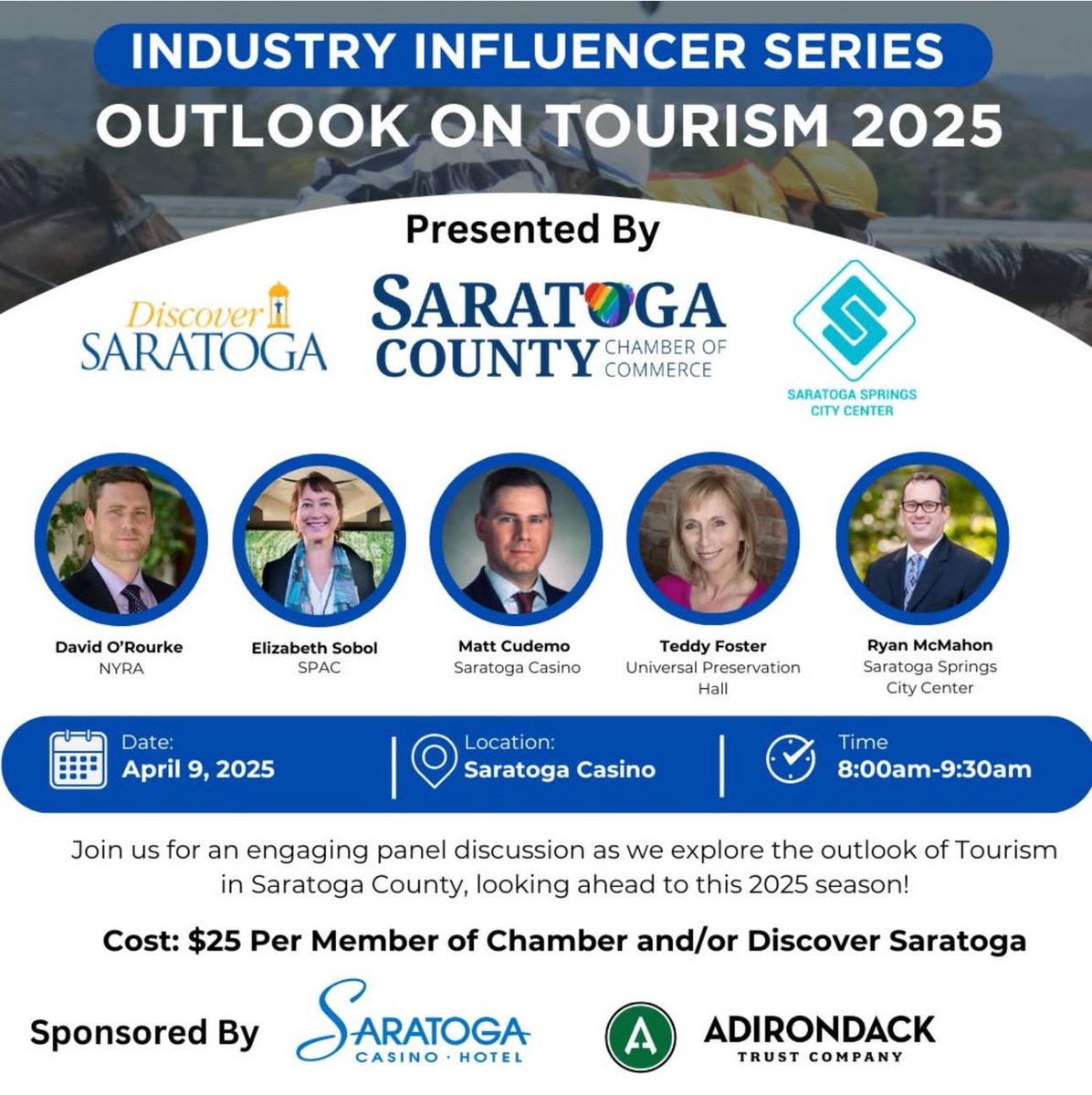 Wednesday, April 9th at 8am at <a href="/SaratogaCasino/">Saratoga Casino</a>! 

Industry Influencer Series: Economic Impact of Saratoga County Tourism 

Presented by the Saratoga County Chamber in Partnership with <a href="/VisitSaratogaNY/">Discover Saratoga NY</a>!