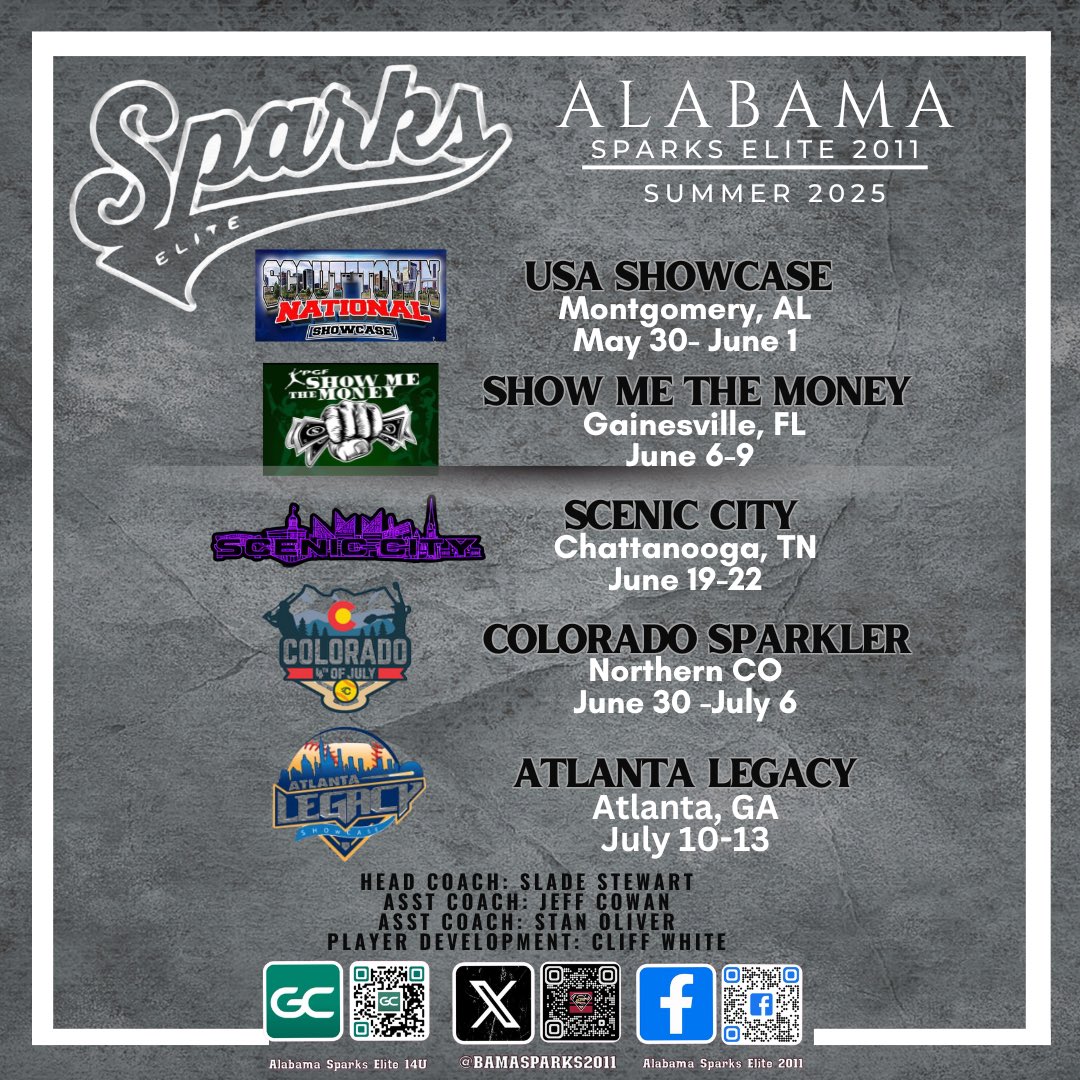 Alabama Sparks Elite 14U (@bamasparks2011) on Twitter photo 🎇Summer schedule drop🎇
We’re excited for these ladies to compete across the country! 😊 #letsgooo
<a href="/PGFnetwork/">PGF</a> <a href="/triplecrownspts/">Triple Crown Sports</a> <a href="/ConnectSports_/">Connect Sports</a> <a href="/legacyshowcase1/">Atlanta Legacy Showcase</a> <a href="/ExtraInningSB/">EXTRA INNING SOFTBALL</a> <a href="/LineDsoftball/">Line Drive Media</a> <a href="/LegacyLegendsS1/">Legacy & Legends Softball</a> 🎇Summer schedule drop🎇
We’re excited for these ladies to compete across the country! 😊 #letsgooo
<a href="/PGFnetwork/">PGF</a> <a href="/triplecrownspts/">Triple Crown Sports</a> <a href="/ConnectSports_/">Connect Sports</a> <a href="/legacyshowcase1/">Atlanta Legacy Showcase</a> <a href="/ExtraInningSB/">EXTRA INNING SOFTBALL</a> <a href="/LineDsoftball/">Line Drive Media</a> <a href="/LegacyLegendsS1/">Legacy & Legends Softball</a>