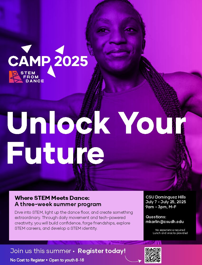 CSUDH College of Education (@csudheducation) on Twitter photo This summer, in partnership w/ <a href="/STEMFromDance/">STEM From Dance</a>, <a href="/DominguezHills/">CSU Dominguez Hills</a> will host a free, 3-week session designed for youth ages 8-18 from July 7-25 (9am-3pm; M-F). Spots are going fast! For more details & registration: stemfromdance.org/programs/camp
#STEMFromDance 💃🏽 #WeAreCOE 🥇 #COEPride 🍎 This summer, in partnership w/ <a href="/STEMFromDance/">STEM From Dance</a>, <a href="/DominguezHills/">CSU Dominguez Hills</a> will host a free, 3-week session designed for youth ages 8-18 from July 7-25 (9am-3pm; M-F). Spots are going fast! For more details & registration: stemfromdance.org/programs/camp
#STEMFromDance 💃🏽 #WeAreCOE 🥇 #COEPride 🍎