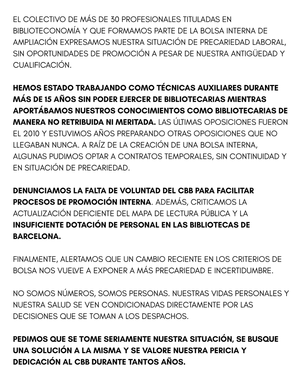 📢COMUNICADO que parte de la plantilla ha enviado al <a href="/cobdc/">COBDC</a> respecto a la situación que afecta al personal titulado en Biblioteconomia en las <a href="/BibliotequesBCN/">BibliotequesBCN</a> de las cuales es gerente <a href="/burguillosmf/">Ferran Burguillos @burguillos.bsky.social</a> 
#Somessencials 
#Defensembiblios