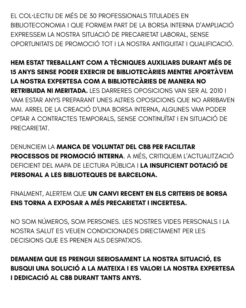 COMUNICAT que part de la plantilla ha fet arribar al <a href="/cobdc/">COBDC</a> respecte la situació que afecta al personal titulat en Biblioteconomia de <a href="/BibliotequesBCN/">BibliotequesBCN</a> de les quals es gerent <a href="/burguillosmf/">Ferran Burguillos @burguillos.bsky.social</a> 
#Somessencials 
#Defensembiblios