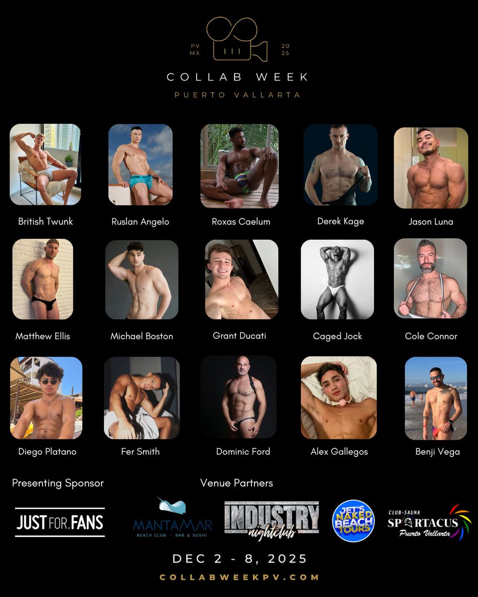 CollabWeekPV's tweet photo. Join us at #CollabWeekPV Dec 2-8, '25. Info here: https://t.co/kIpCwybQ79 
@BritishTwunk @RuslanAngelo @Roxas_caelum @DerekKageXXX @DefThatJason @atasteofmatt @michaelbossston @GrantDucati @cagedjock @ColeConnorXX @SoyUnPlatano @fersmithxxx @DominicFord @alex_gallegox @benjivega https://t.co/ZFhETk9Ui5
