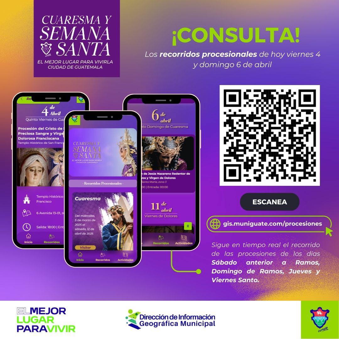 📲✝️¡Toda la información en un solo lugar! ✝️📱
🙋🏻‍♂️📍Consulta recorridos procesionales, los #EstadosDeServicio y actividades para realizar en familia durante la #SemanaSanta2025 💜 💐
🔗➡️ Ingresa en el enlace:
gis.muniguate.com/procesiones
#SemanaSantaMuniGuate
#ElMejorLugarParaVivirla
