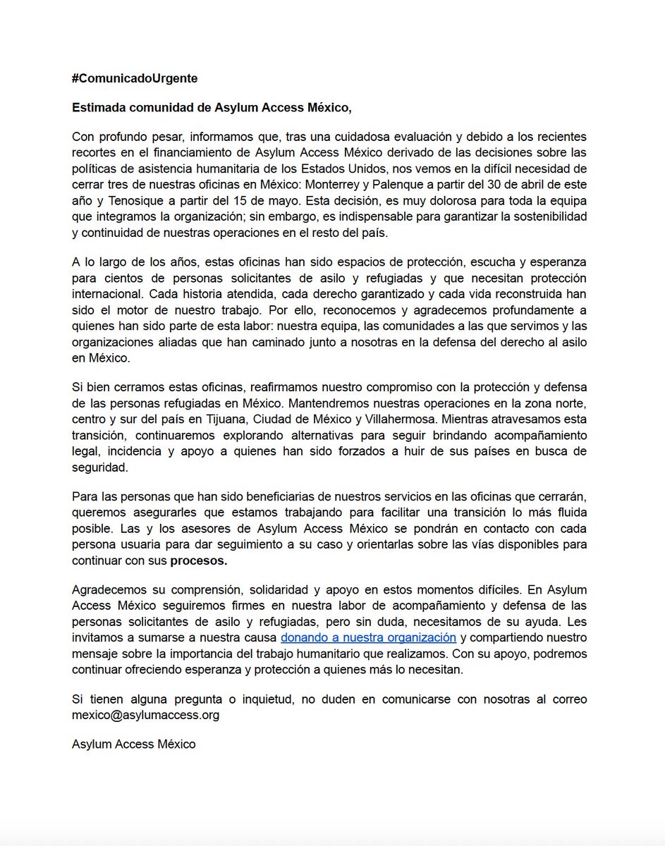 #ComunicadoUrgente
Es con profunda tristeza que informamos el cierre de nuestras oficinas en Monterrey, Palenque y Tenosique, como resultado de recortes en el financiamiento derivados de decisiones sobre políticas de asistencia humanitaria de Estados Unidos.