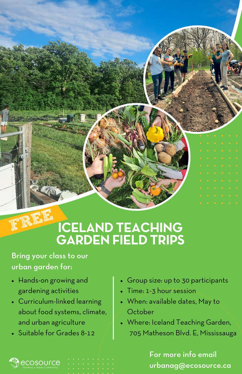 Ecosource (@ecosourcegreen) on Twitter photo Teachers! Bring your class to Ecosourceโs urban farm for a FREE field trip at Iceland Teaching Garden! Your class will learn about food growing, food sovereignty & climate action with hands-on planting, growing & harvesting activities. Contact urbanag@ecosource.ca for more info Teachers! Bring your class to Ecosourceโs urban farm for a FREE field trip at Iceland Teaching Garden! Your class will learn about food growing, food sovereignty & climate action with hands-on planting, growing & harvesting activities. Contact urbanag@ecosource.ca for more info