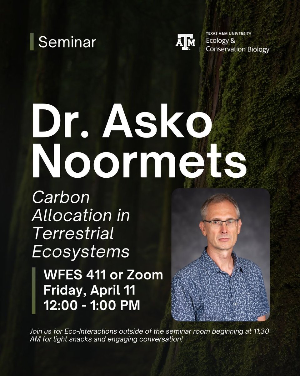Howdy!
 
Join us for another ECCB Friday Seminar!

🗓️ Friday, April 11th
 📍WFES 411 or Zoom tamu.zoom.us/j/94373151128
 🕛12:00 - 1:00 PM
 
#TAMUECCB #seminar #forest #ecology #biodiversity #ecosystems