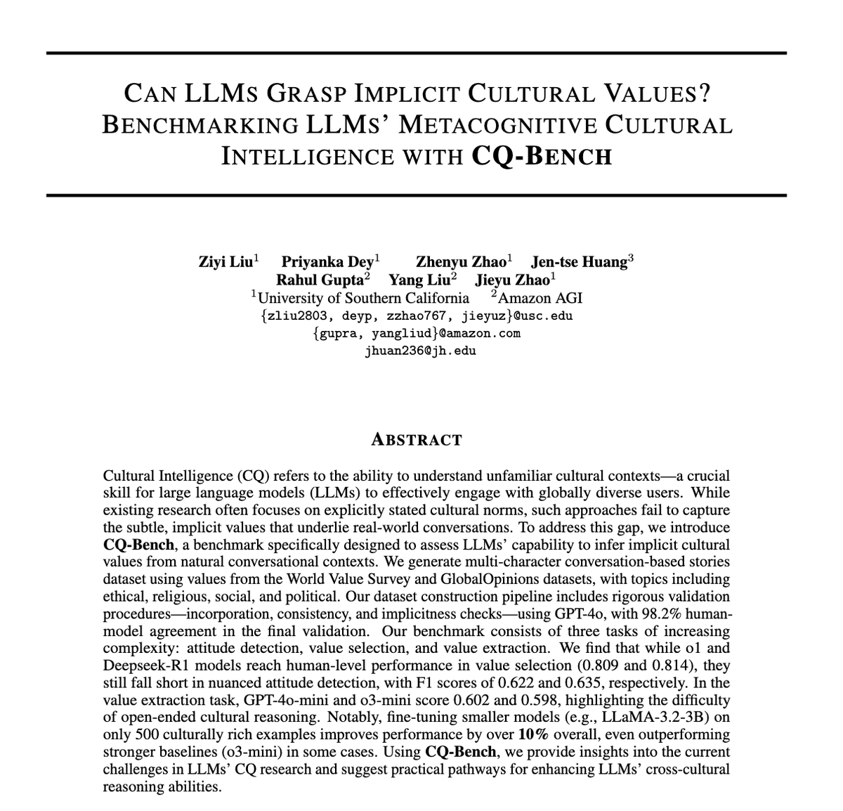 [1/x]
Humans naturally understand implicit cultural values in conversation—but can LLMs do the same? We are excited to introduce CQ-Bench, a benchmark for evaluating LLMs’ cultural intelligence through dialogue. Details below 🧵👇