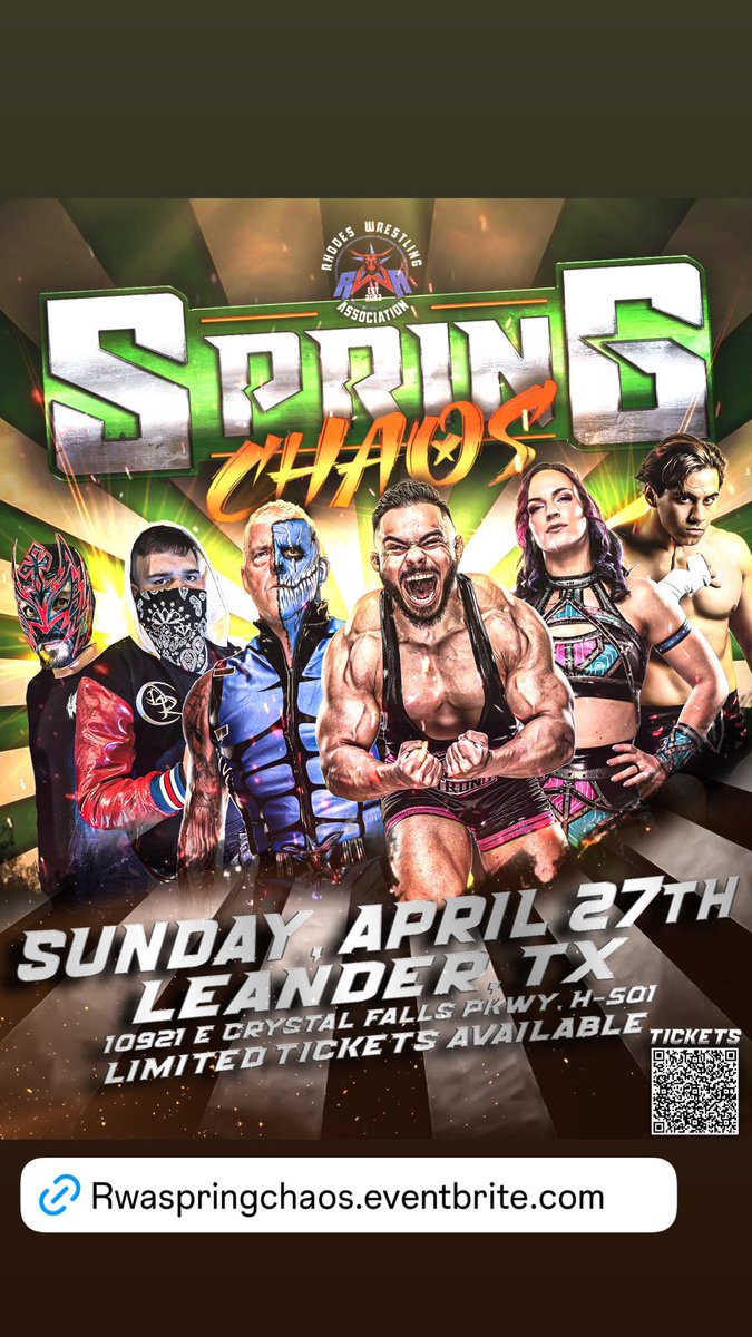 dustinrhodes's tweet photo. April 27th @RhodesWrestling presents #SpringChaos!!!
Come watch the show!!!! Get ur TICKETS HERE⬇️⬇️⬇️

https://t.co/7v4HrLFV0w

#rwa #prowrestling https://t.co/bVNaSxPcL9