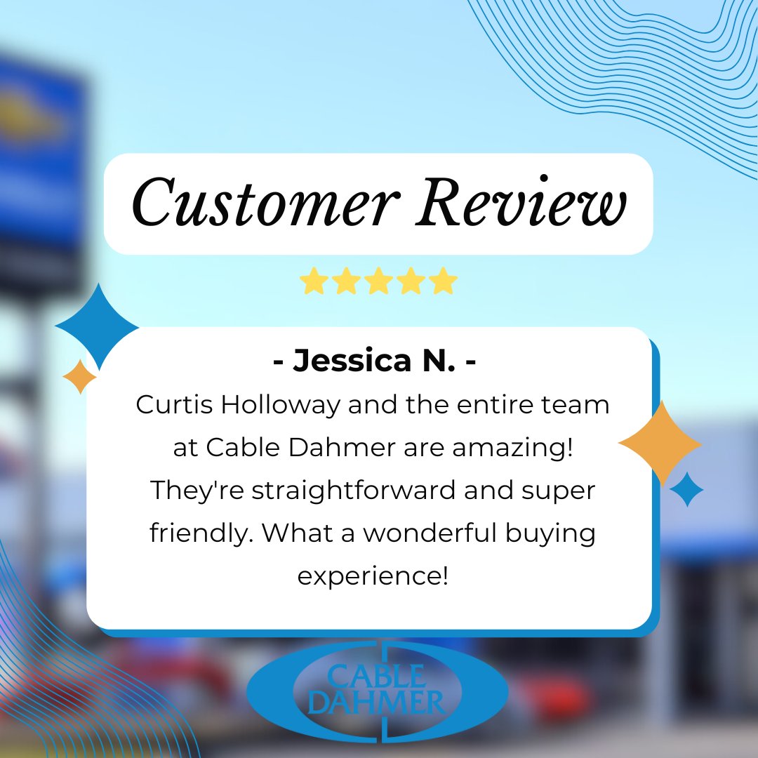 Thank you so much, Jessica, for the kind words! 🌟 We’re thrilled to hear that Curtis and the team made your buying experience wonderful. We truly appreciate your trust in us and are grateful to have customers like you! 🚗💙
#CableDahmer #Chevrolet #CustomerAppreciation