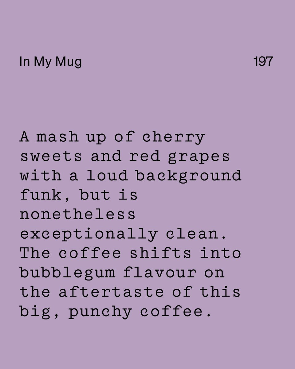 This week’s In My Mug: a cold-fermented anaerobic natural Java from San Jose, Nicaragua 🇳🇮 Cherry sweets, red grapes &amp; bold funk with a clean finish. As it cools—bubblegum vibes! 🍒🍇💥 Grown high in the mountains on a once-abandoned farm, now thriving.