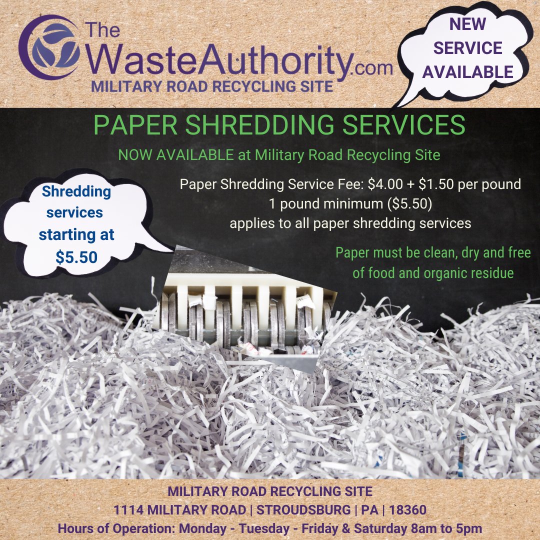 wasteauthority's tweet photo. 📷 PAPER SHREDDING SERVICES now available during Military Road Recycling Site hours listed at bottom of flyer.
#thewasteauthority #papershredding https://t.co/xz1V9ydV74