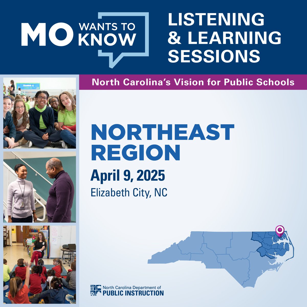ncpublicschools's tweet photo. The #MoWantstoKnowNC Listening &amp; Learning Tour travels to the northeast region Wednesday at Northeastern HS , beginning at 6 p.m. Find details and registration information at https://t.co/YQaF6kyF3F. https://t.co/4yeFdwF1ly