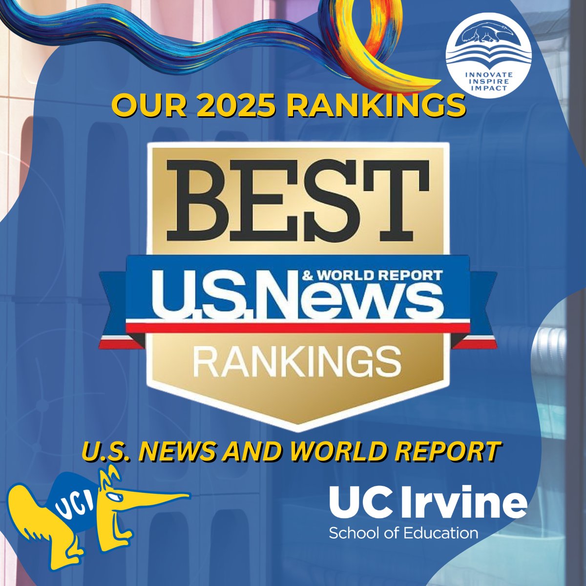 UCIEducation's tweet image. 📣 We’re proud to be ranked No. 18 nationally and Top 10 among public schools in the latest @usnews rankings! With top-tier research productivity and national recognition for our faculty, UCI’s School of Education continues to lead in shaping the future of learning. 🌍📚