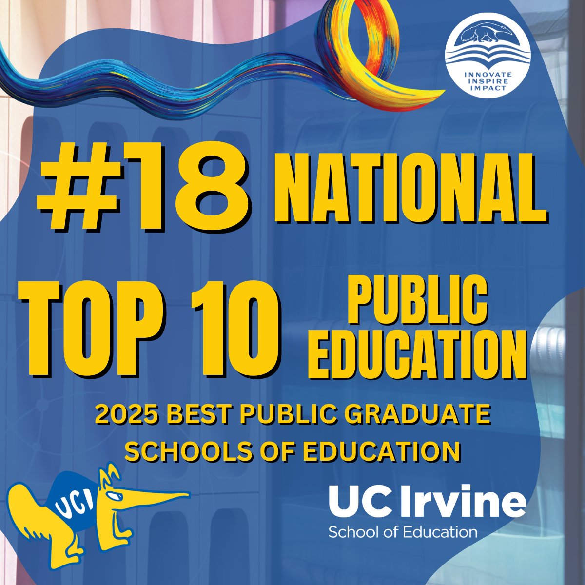 UCIEducation's tweet image. 📣 We’re proud to be ranked No. 18 nationally and Top 10 among public schools in the latest @usnews rankings! With top-tier research productivity and national recognition for our faculty, UCI’s School of Education continues to lead in shaping the future of learning. 🌍📚