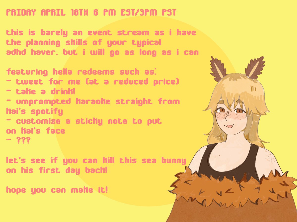 coming out of my cave soon!! i'll be streaming for the first time in over 5 months at 6pm pst on april 18th! sorry for dying on yall so long _:(´ཀ`」 ∠): hoping to get back into the full swing of things before my affiliate anniversary so i can properly celebrate with everyone!