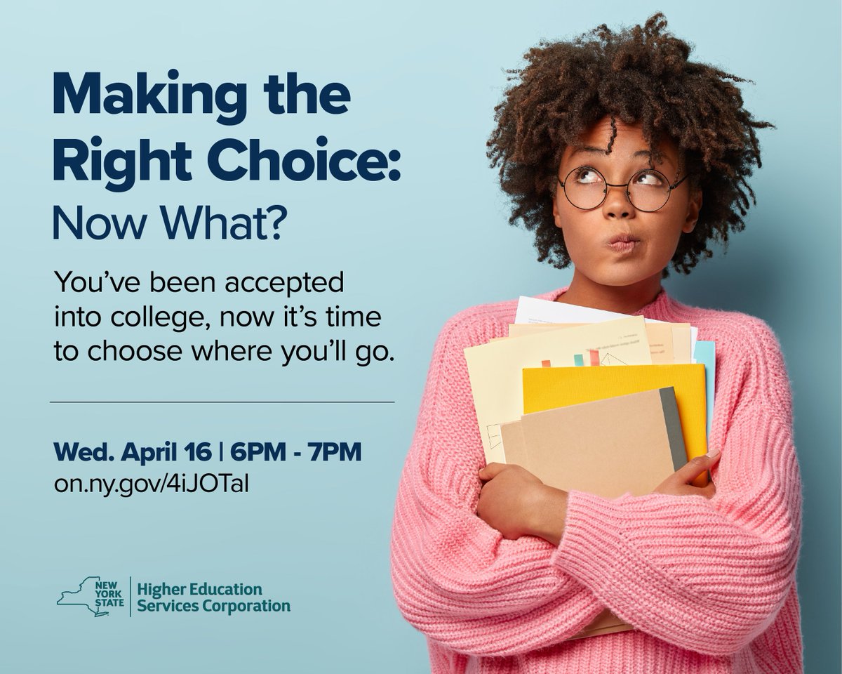 It's time to pick the right college for you!

Choosing where you'll spend your next two or four years isn't as complicated as it seems. We'll help you how to determine if a college is the right fit and help you discover what that means for you.

Register: on.ny.gov/4iJOTal