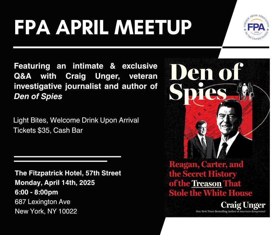 Foreign Press Association (@fpanewyork) on Twitter photo Investigative journalist Craig Unger unpacks the plot hatched by Reagan’s team to beat Jimmy Carter in the 198X election, involving American hostages, top CIA operatives and Iran. Come to our next meetup to learn how he cracked this real life conspiracy.
Ticket link in bio! Investigative journalist Craig Unger unpacks the plot hatched by Reagan’s team to beat Jimmy Carter in the 198X election, involving American hostages, top CIA operatives and Iran. Come to our next meetup to learn how he cracked this real life conspiracy.
Ticket link in bio!