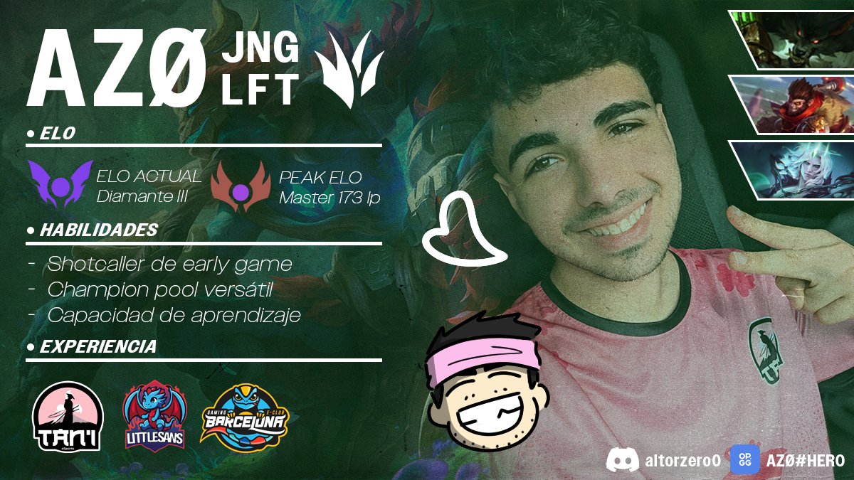 Anuncio oficialmente que estoy LFT para el siguiente split. Busco principalmente top CT, tengo muchísimas ganas de mejorar y demostrar de lo que soy capaz y para ello quiero juntarme con gente mejor que yo y poder aprender de ellos.

Like y RT se agradecen &lt;33