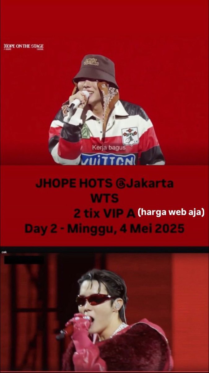 cindajjun's tweet photo. WTS “Hope on The Stage” J-Hope
Indonesia Arena,Jakarta
Minggu , 4 Mei 2025 (Day 2)

2 tix VIP A (general sales)

or 

2 tix Cat 1 (membership)

#Jhope  #JhopeJakarta #JhopeConcert #jhope_TOUR 
#KonserJhope #WTS 
#HOPE_ON_THE_STAGE_TOUR_Jakarta #hots #tiketjhopejakarta https://t.co/JyAlaqV7SU
